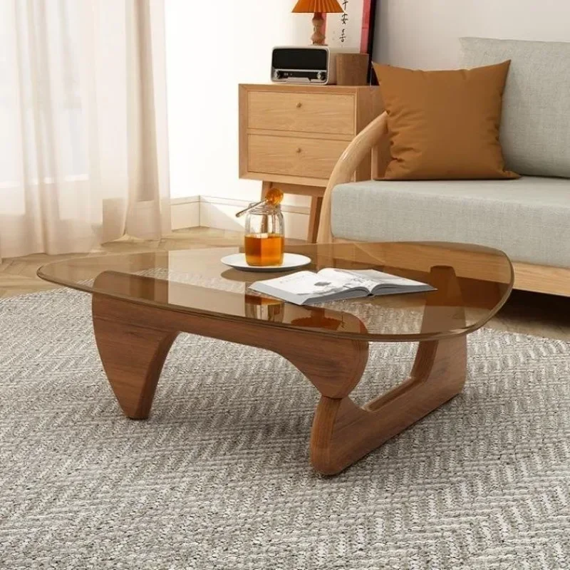 19mm Thick Modern Tempered Coffee Glass Table Vintage End Table Solid Wood Base and Triangle Clear Glass Table for Living Room