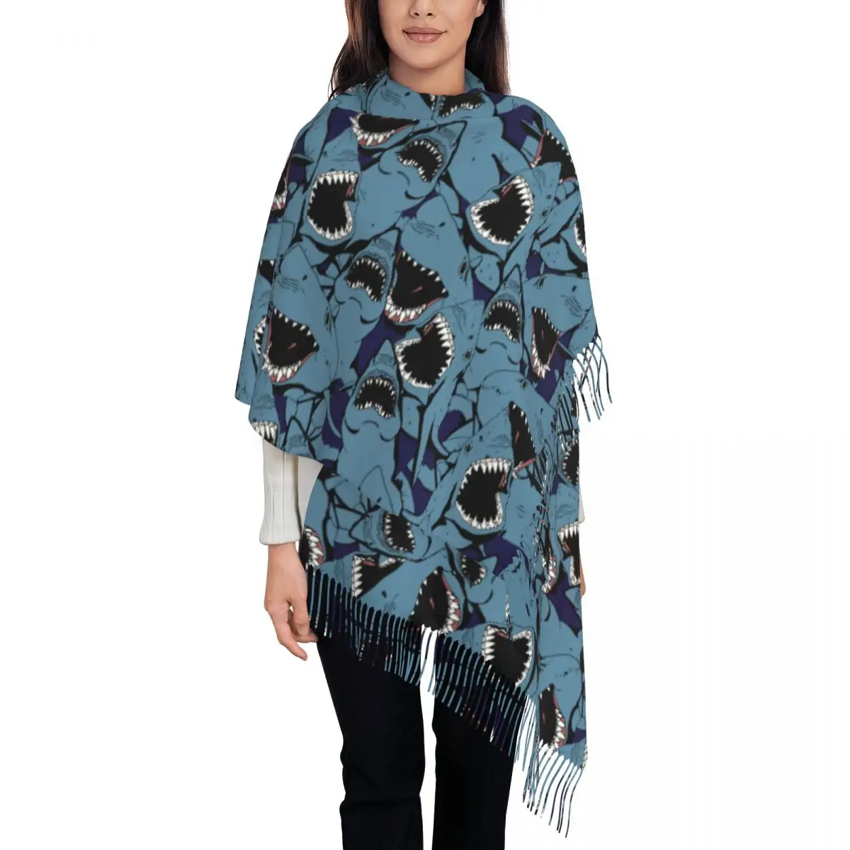 Tassel Scarf Ferocious Shark Underwater World Ocean Sea Marine Organism Long Soft Warm Shawl and Wrap Gifts Pashmina Scarves