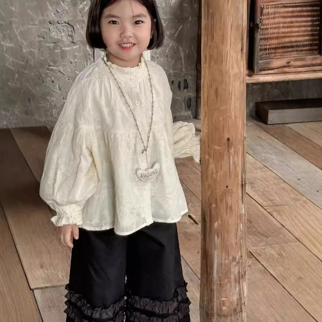 Girls Shirts 2024 Autumn New Childrens Clothes Korean Style Baby Girl Cute High-grade Design Lace Shirt Casual Simple Daily