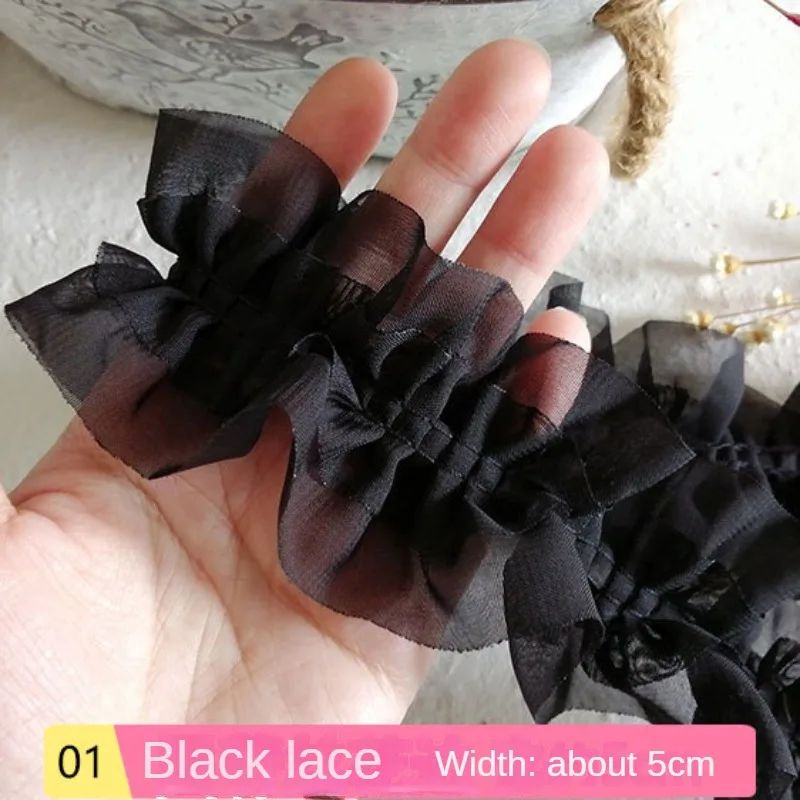 White Black Double Chiffon Pleated Lace Organza Skirt Ribbon Fringe Lace To Decorate Clothes Frill Sewing High Quality Lace Trim