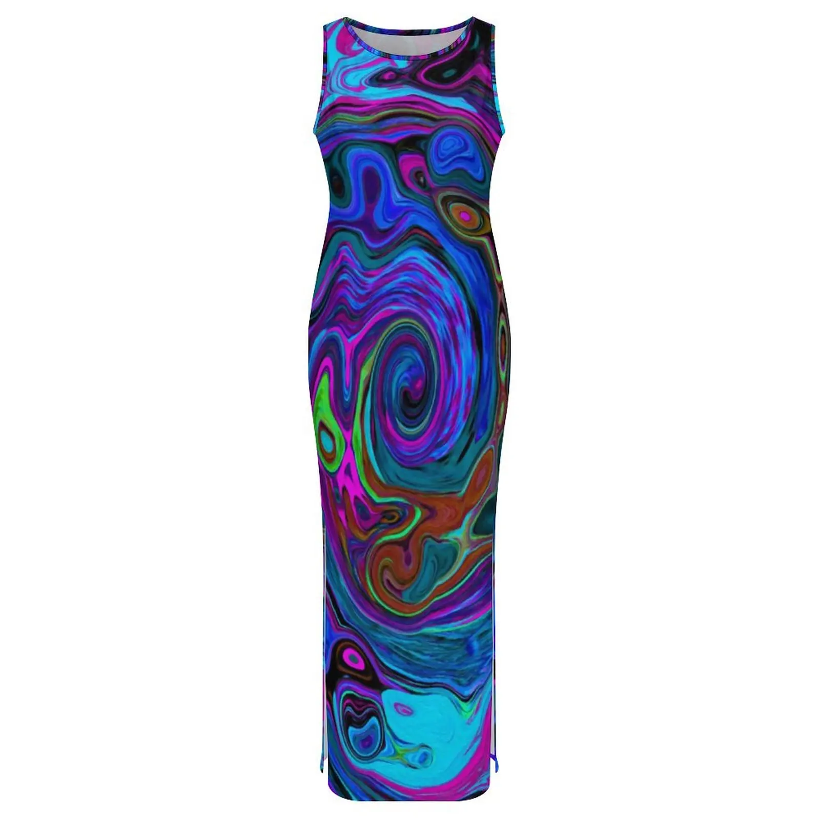 Grooviges Hippie-Druckkleid, ärmellos, blau und lila, flüssige Mode, Maxikleider, Vintage, figurbetontes Kleid, Damen, Übergröße, Vestidos