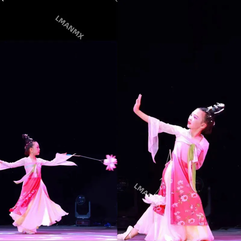

Children's Classical Dance Costume, Chinese Dance Practice Costume, Long Hanfu Chiffon Dress for Girls, Performance Costume