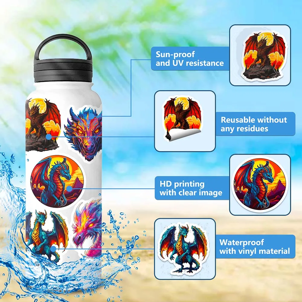 Cartoon Cool Fire Wings e Dragon Varied Stickers Pack para Crianças, Bagagem, Notebook, Laptop, Decalques Graffiti, Decoração de Viagem, 10 Pcs,