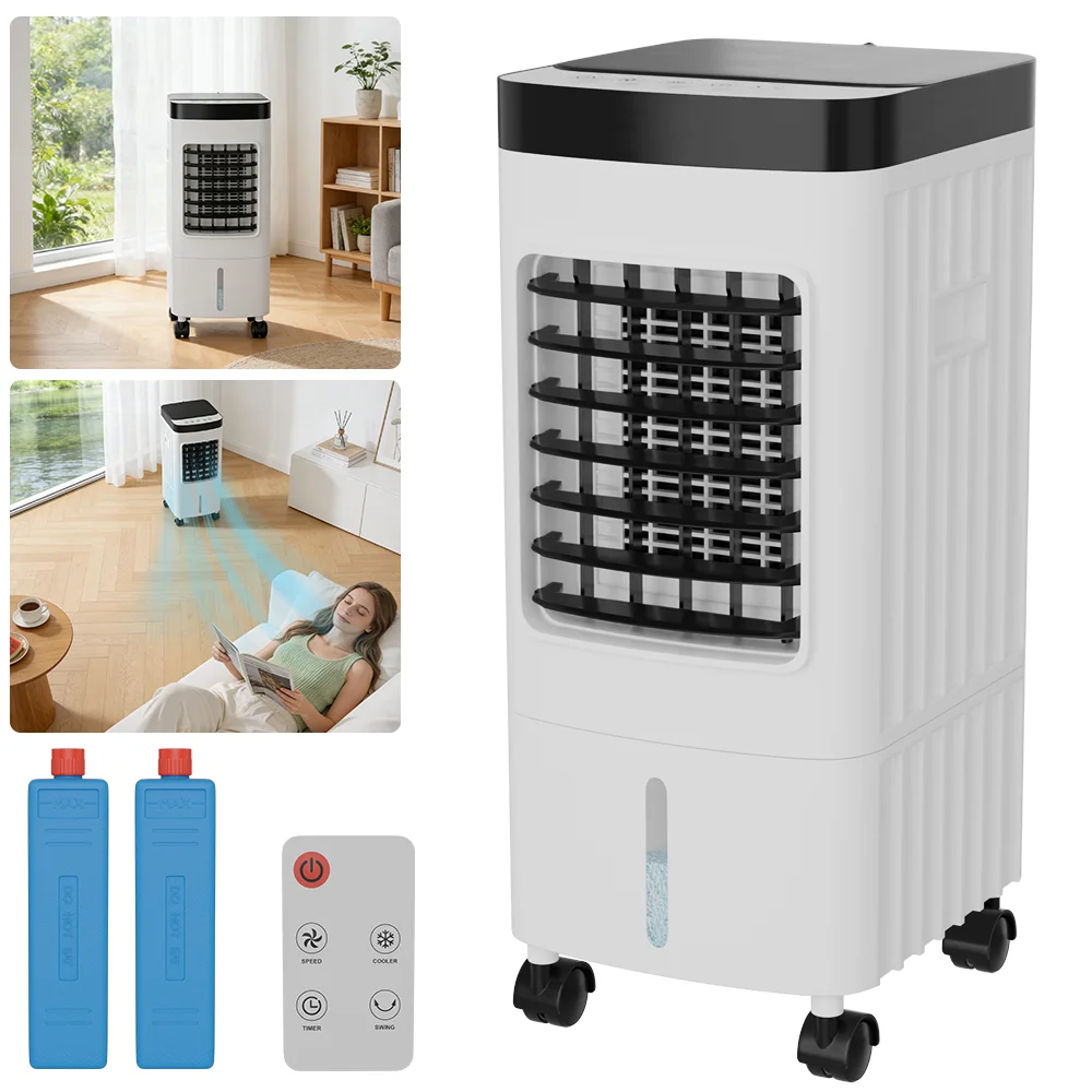 Ventilateur rafraîchisseur d'air avec télécommande, ventilateur électrique refroidi à l'eau, prise EU, minuterie 1-7H, 3 vitesses de vent, 2 compartiments à glace