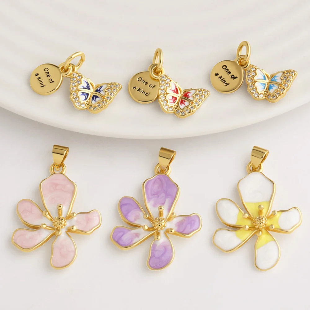 OCESRIO Enamel Flower Butterfly Tag CZ Dangle Pendant for Necklace Copper Gold Plated Handmade Jewelry Making Component pdtc092
