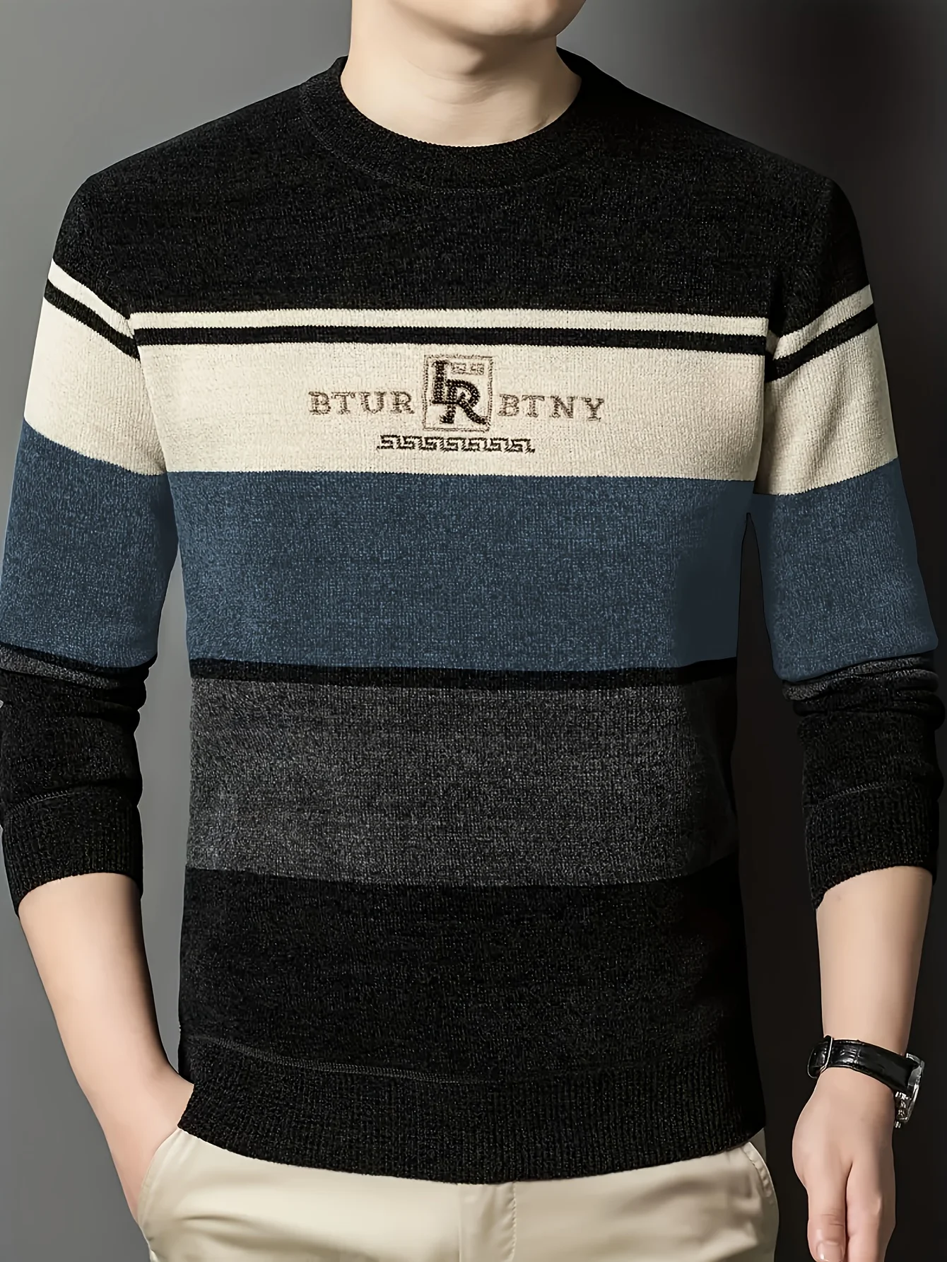 

LVLAEA Autumn Winter Trendy Knitted Pullover, Men's Striped Letter Embroidery Long Sleeve Round Neck, Old Money Style Casual Top