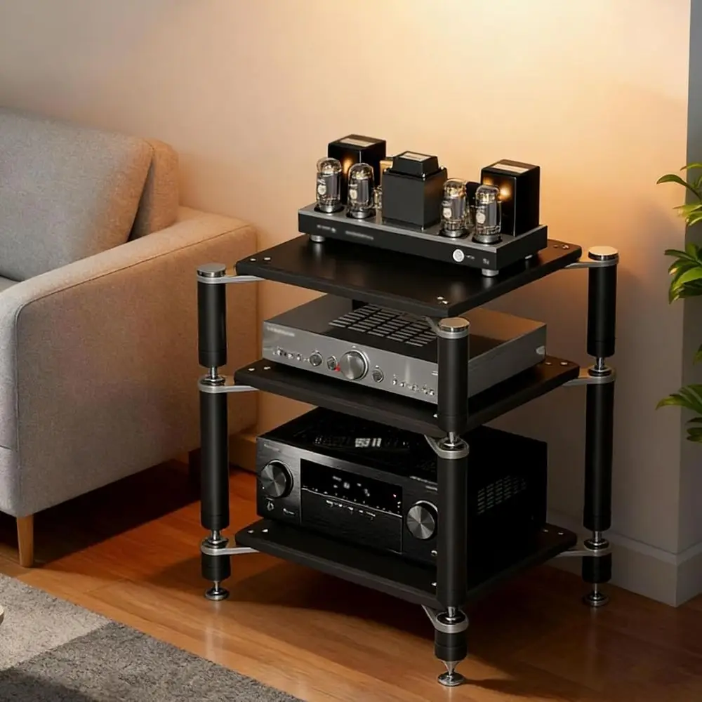 3-Tier AV Media Stand, Heavy Duty Audio Rack with Shock-Absoroot pegs, Open Design av Stand, Multi-Layer Stereo Equipment Rack o