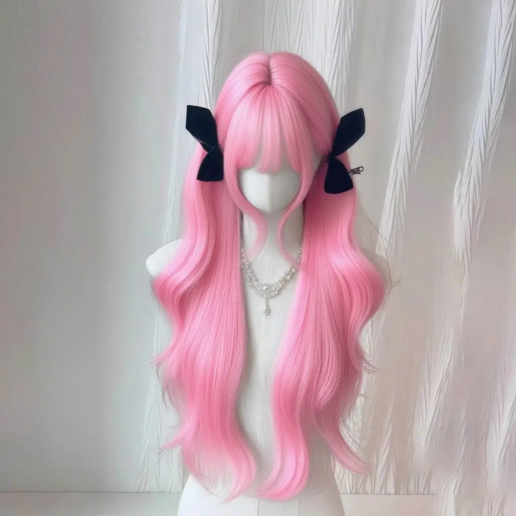 핑크 컬리 로리타 가발 - 자연스러운 빅 웨이브 코스프레 헤어피스, 스트레이트 뱅이 있는 풍성한 풀캡 합성 가발 (애니메이션 소녀용)