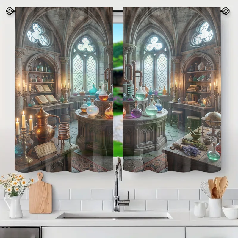 Gothic Apothecary Laboratory Window Curtain Alchemy Decor Witchy Mystical Pane Light Filter Screen for Victorian Home Room Accen