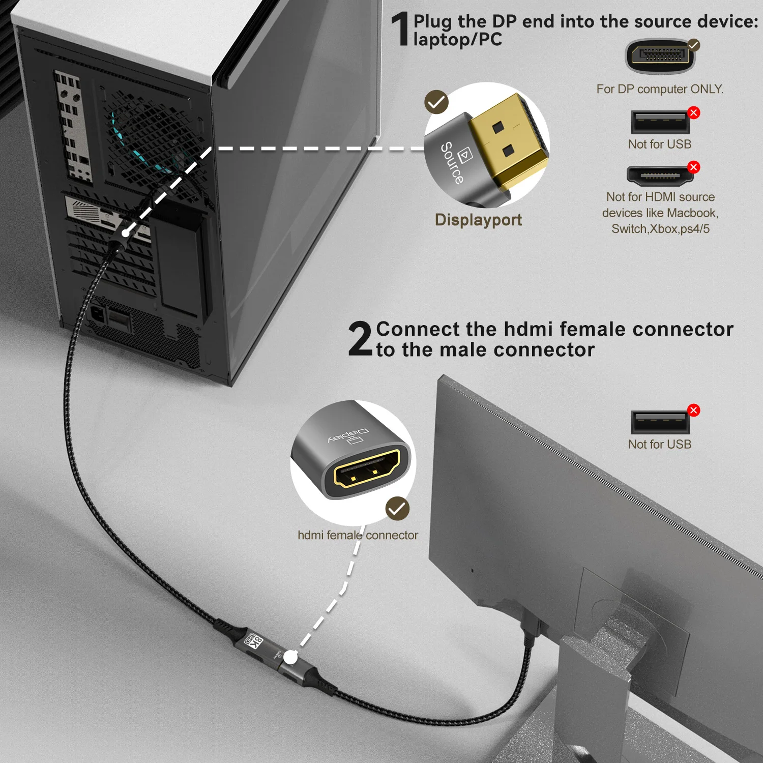 8K@60Hz DisplayPort to HDMI Adapter 4K@120Hz 2K@240Hz DP 1.4 Computer to HDMI 2.0 Screen DP to HDMI