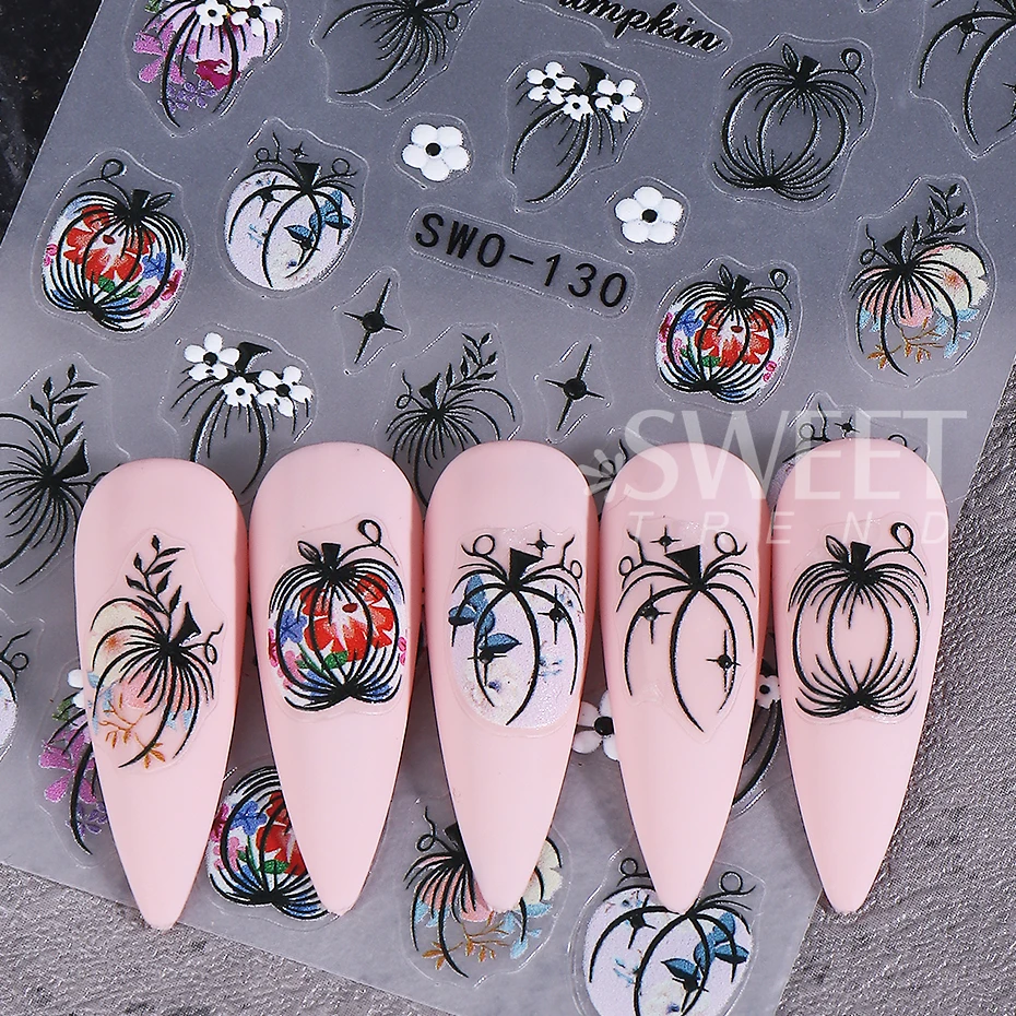 2 Stuks Cartoon Herfst Pompoen Nail Stickers 3D Esdoornblad Bloemblaadjes Lijm Nail Decals Sliders Diy Thanksgiving Day Manicure Decor