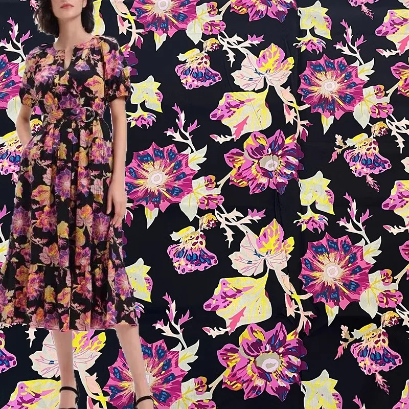 Europe And America Fashion Black Back Pink Flower Printed Cotton Fabric For Women Dress Blouse Handmade DIY Cloth Sewing