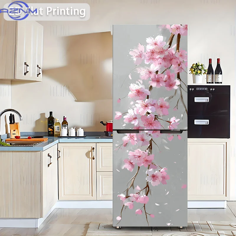 Printing Refrigerator Sticker  Pink Cherry Blossom Weeping Branch Wall Decal Self-Adhesive Removable Vinyl Wallpaper Style Dec