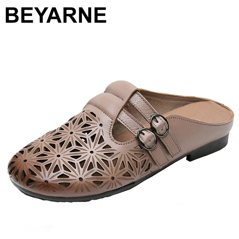 BEYARNERound head Slippers Women shoes Summer New Style Genuine Leather Cut-Outs Flat Heel Slippers Cozy Mother sandals and Flip