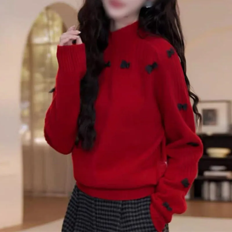 

Korean Ladies Half High Neck Knitting Top Autumn Women Fashion Bow Tie Pullover Sweater Spring Femme Long Sleeved Casual Knitted