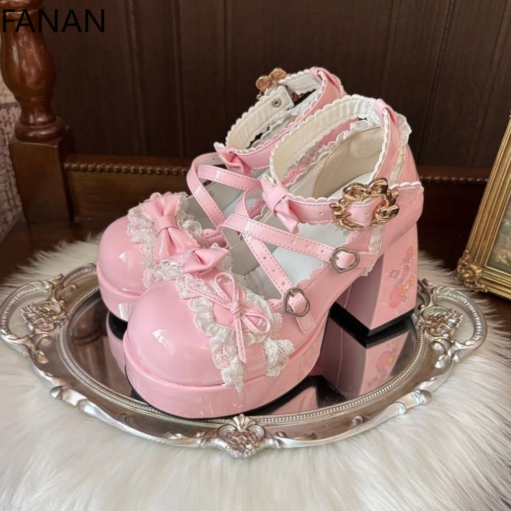 

Kawaii Lolita High Heel Pumps Lace Bow Waterproof Table Platform Flats Women's Shoes Summer Sweet and Cute Single Shoes
