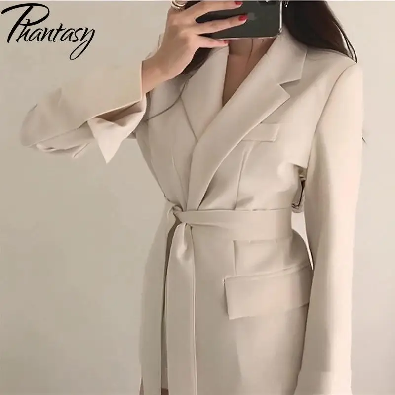 

Phantasy Женское осеннее новое длинное пальто с поясом Офисная мода Slim Fit на шнуровке Женские костюмы с воротником и длинными рукавами Куртки женские