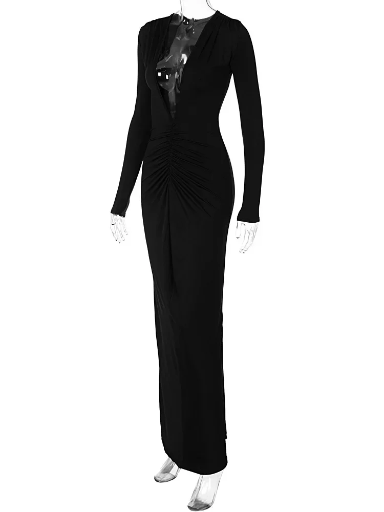 CPSYMYM Autunno Nero Maxi Abiti per Le Donne Profondo Scollo a V Maniche Lunghe Increspato Sexy Aderente Maxi Vestito Elegante Club Party Abiti
