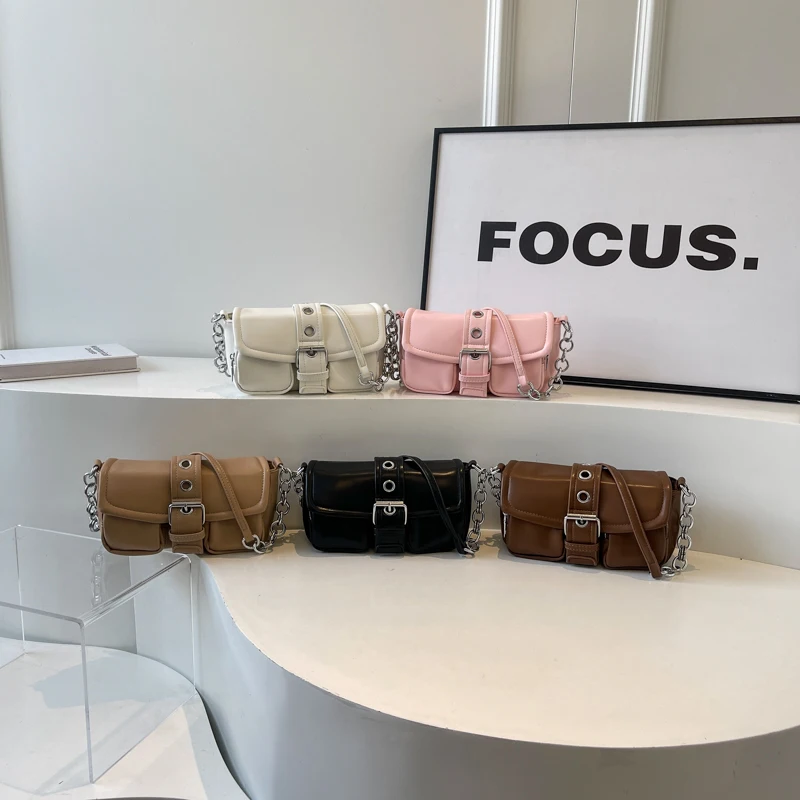 Belt Design Small Underarm Shoulder Bags for Women 2024 Korean Fashion Females Chain Crossbody Bag Lady Y2K Handbags and Purses