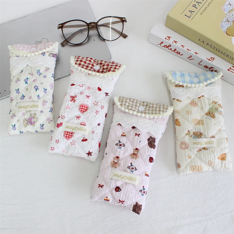 Cartoon Quilted Padded Eyeglasses Case Women Portable Sunglasses Storage Pouch Large Capacity Travel Glasses Bag Anti Scratch