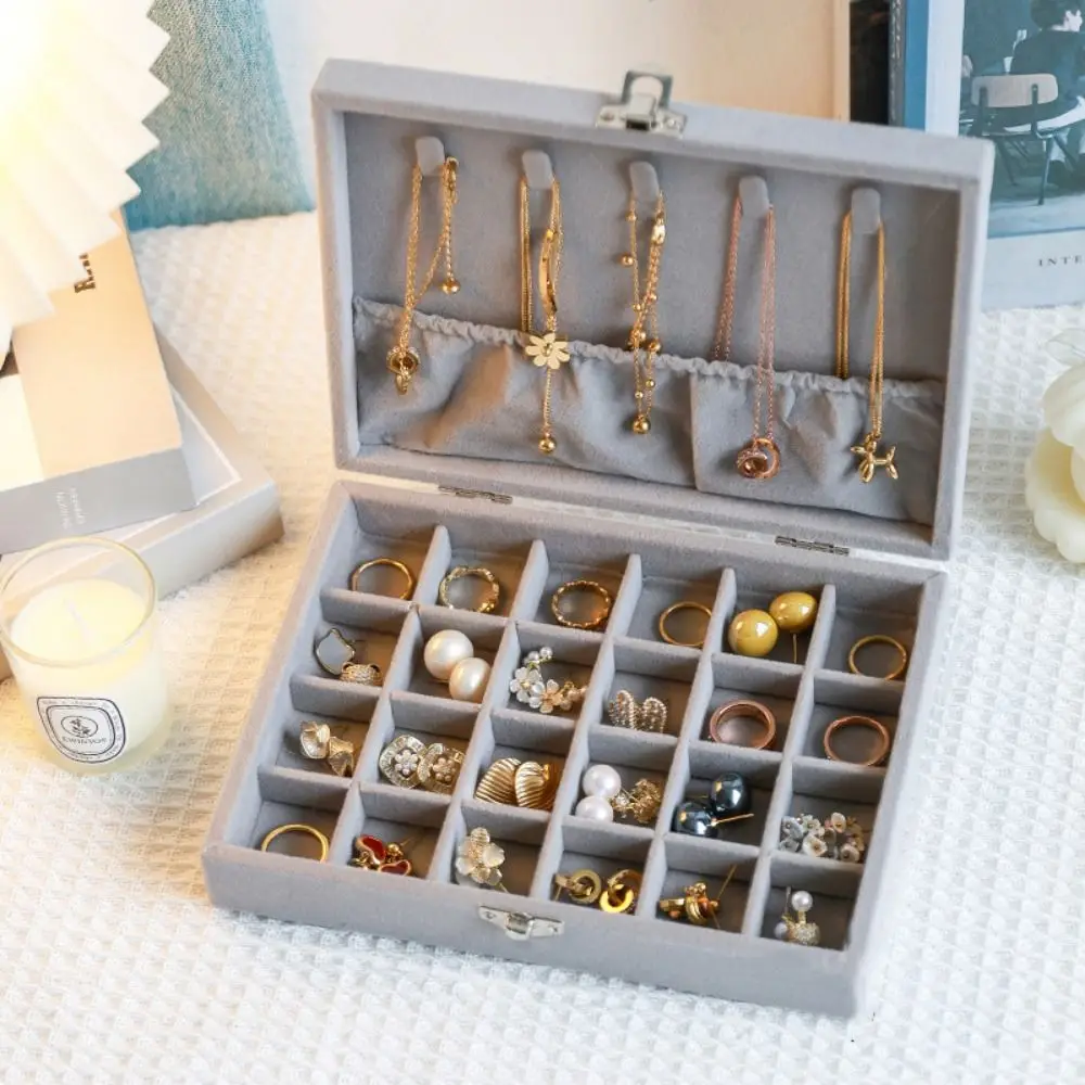 

Large Capacity Jewelry Storage Box Dustproof Flip Lid Portable Earring Organizer Lockable 3/9/24 Grids Divided Necklace Tray