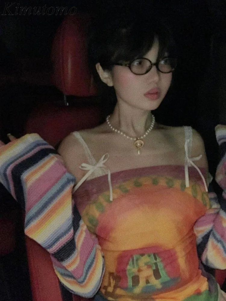 Kimutomo T 셔츠 여성 패치 워크 인쇄 슬래시 넥 섹시한 긴 소매 오프 숄더 Y2k 하라주쿠 빈티지 패션 숙녀