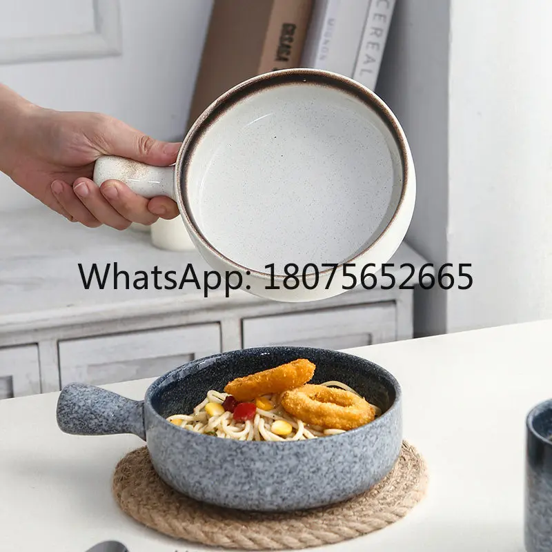 Retro Creative Instant Noodles Handle Plate Ceramic Single Handle Baking Pan Baked Rice Bowl