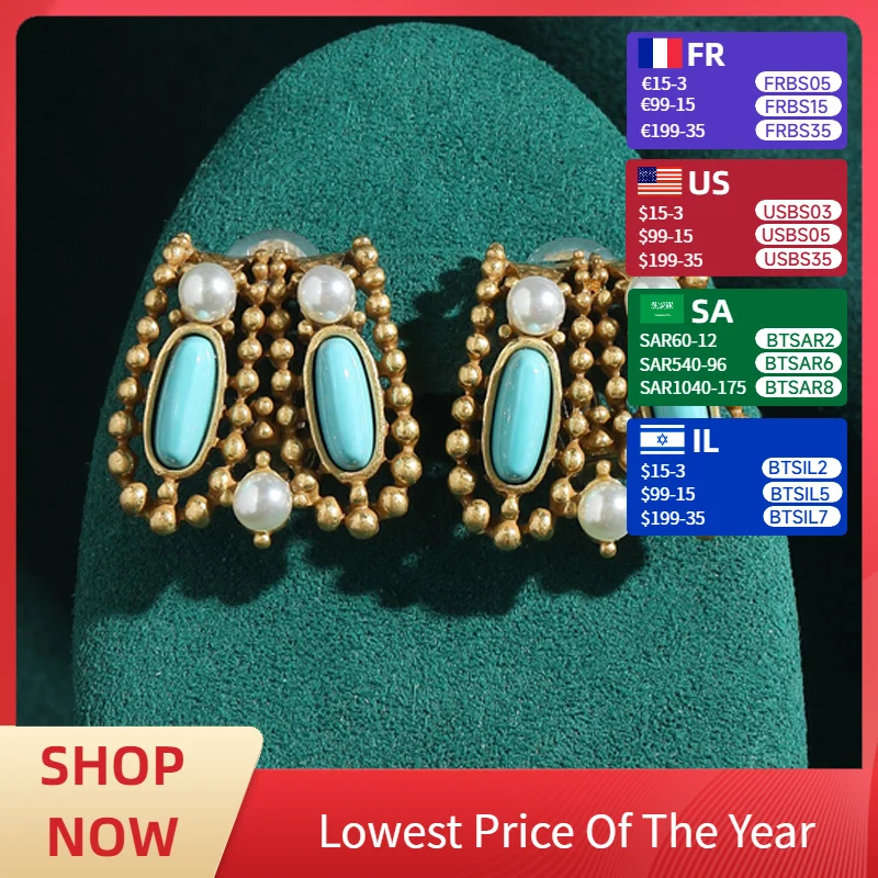 

Vintage Studs Earrings Gold Color For Woman Daily Wear Blue Natural Stone Rhinestones Antique Jewelry Accessories Trendy 2025