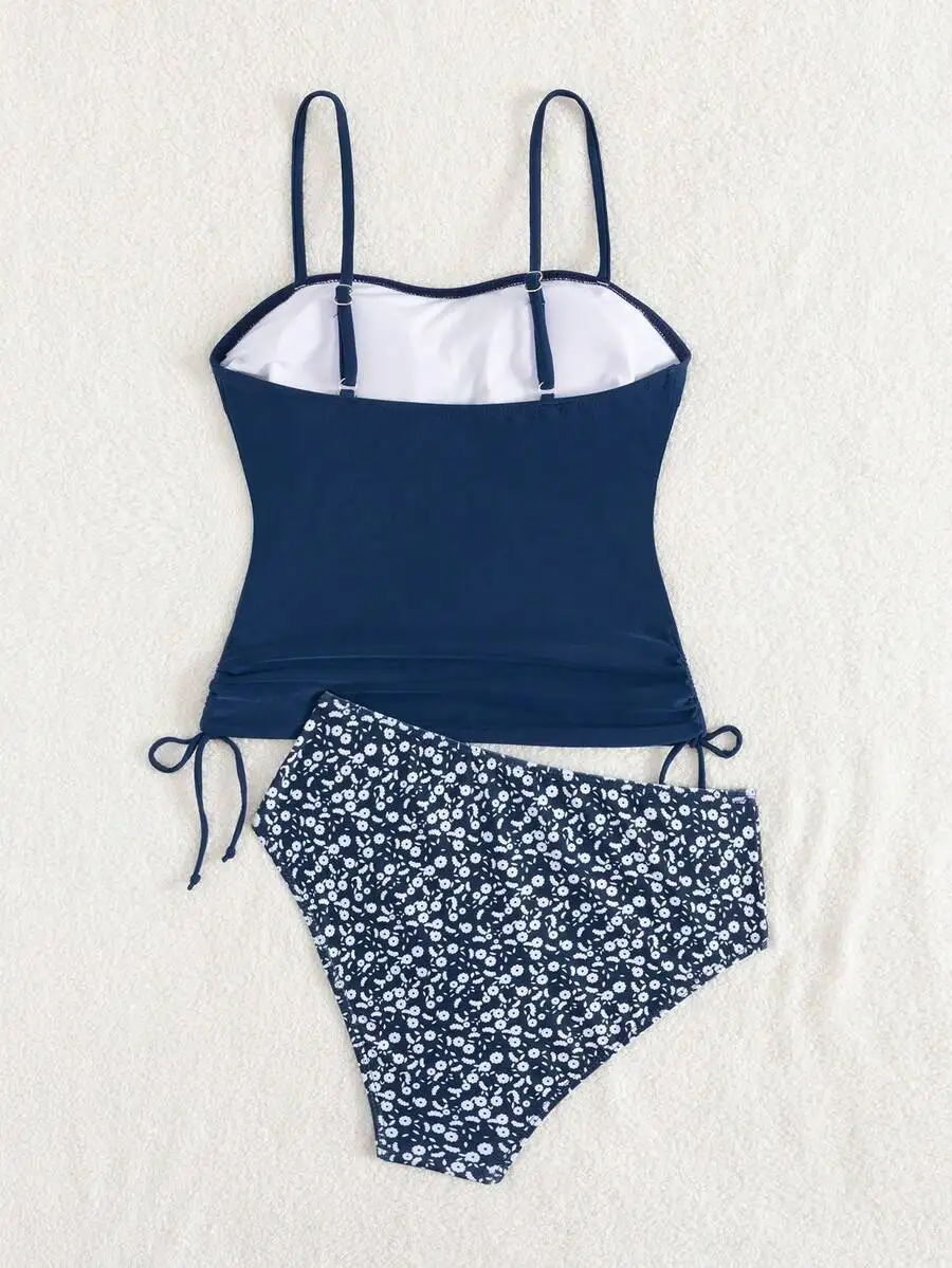 

Women’s Ribbed Cami Top With White Floral High-Waist Swim Shorts, Stretchy Opaque Beach Set For Summer