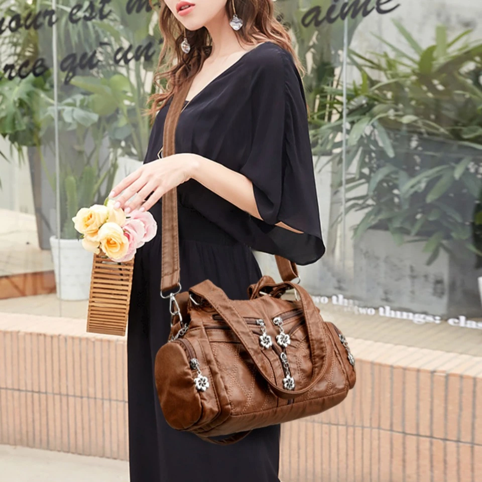 Women's Leather Casual Multiple Pockets Crossbody Bag Luxury Designer Tote Handbag High Quality Shoulder Bag