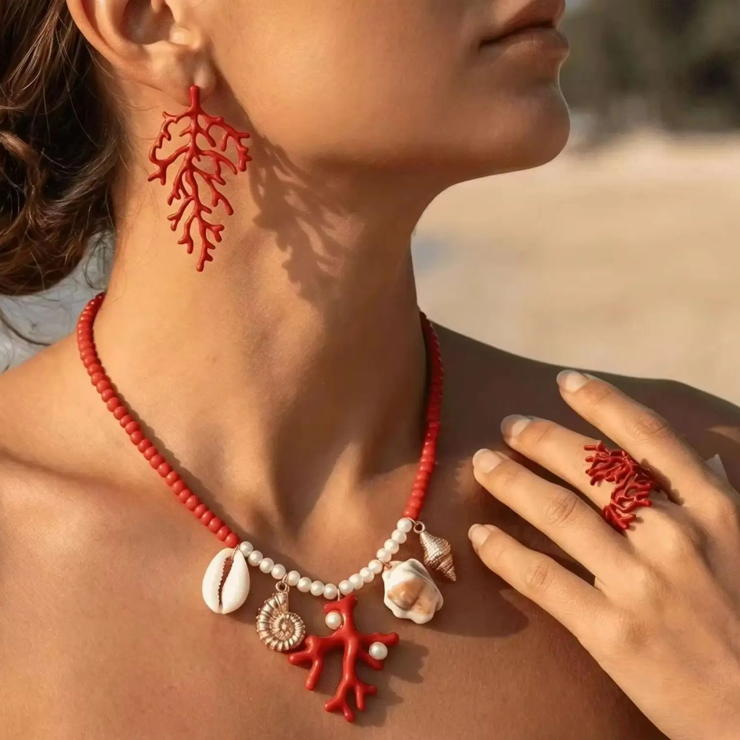 Bohemian Red Coral Branch Ring Necklace Earrings Set for Women Shell Conch Necklace Ring Drop Earrings Party Jewelry Gift