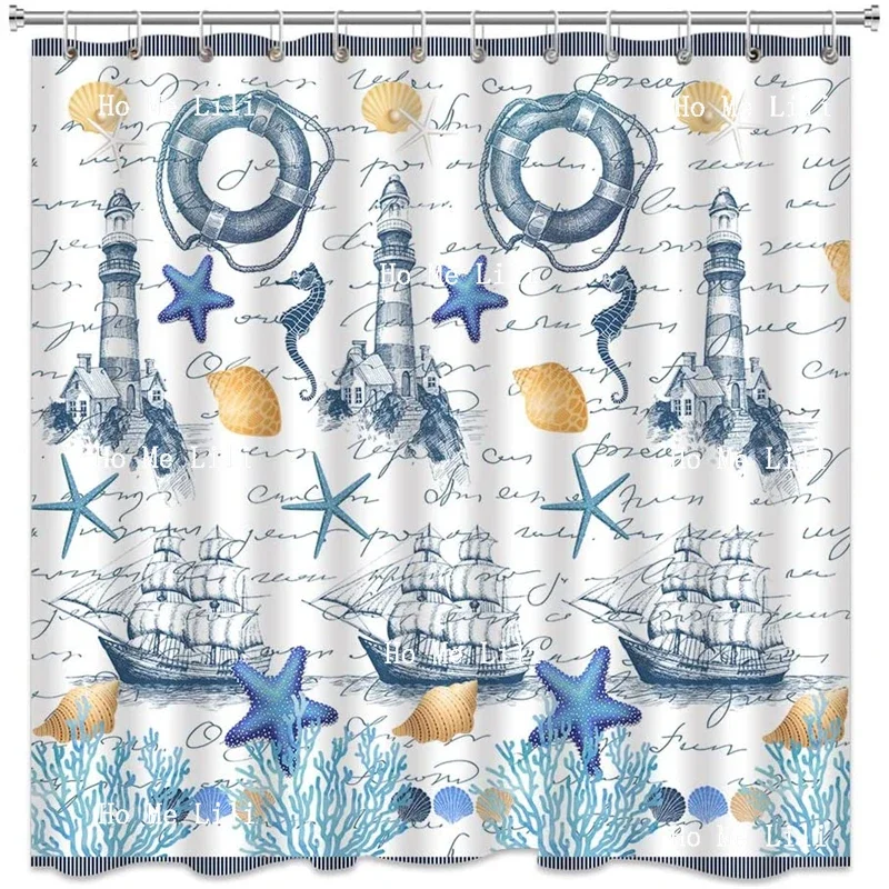 Starfish Shell Shower Curtain Retro Navy Blue Lighthouse Underwater World Coral Beach Marine Sailboat Hawaii With Hooks