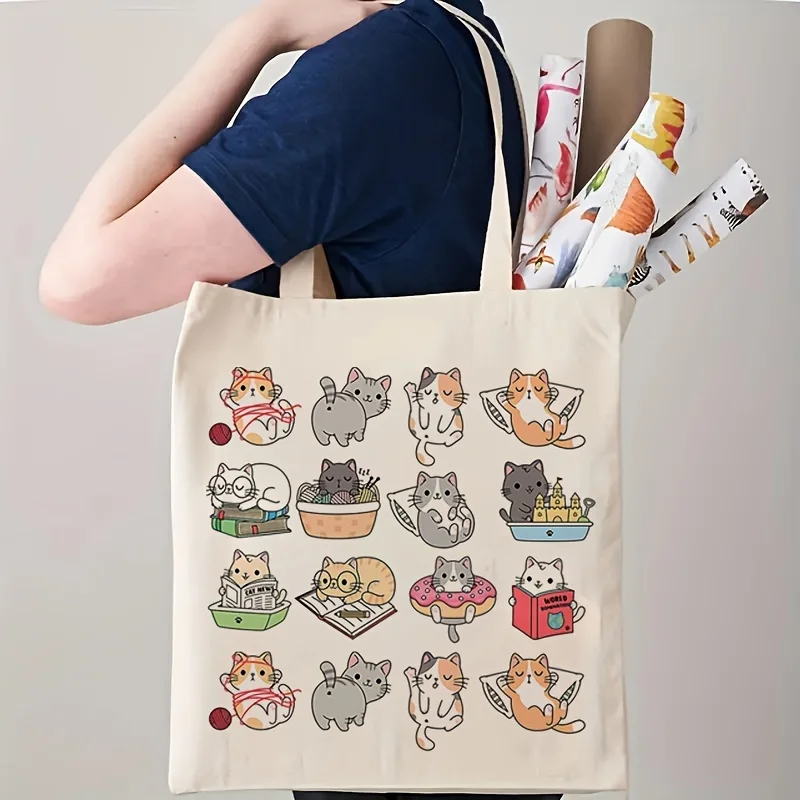 1pc Cute Cartoon Cats Collection Print Reusable Canvas Tote 