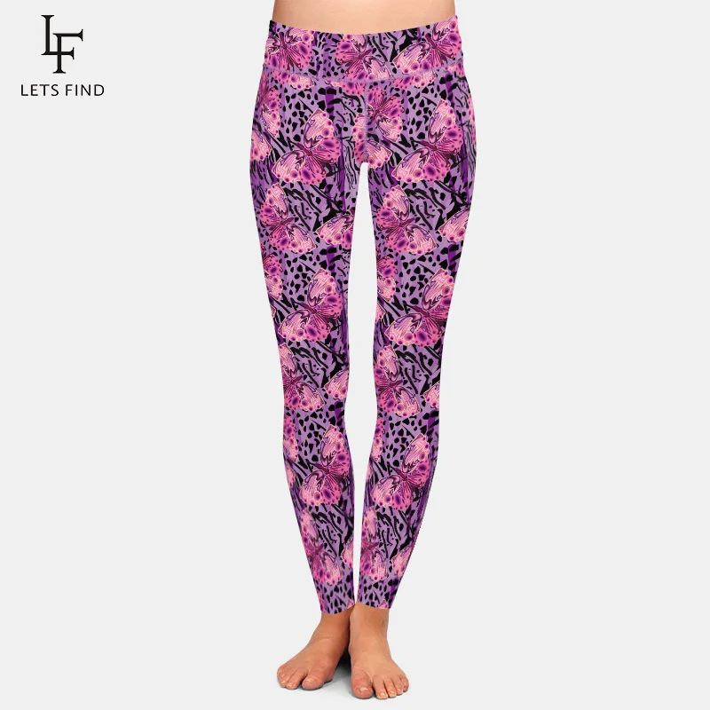 LETSFIND Fashion 3D Pink Butterflies on The Leopard Print Digital Printing Leggings High Waist Women Slim Leggings