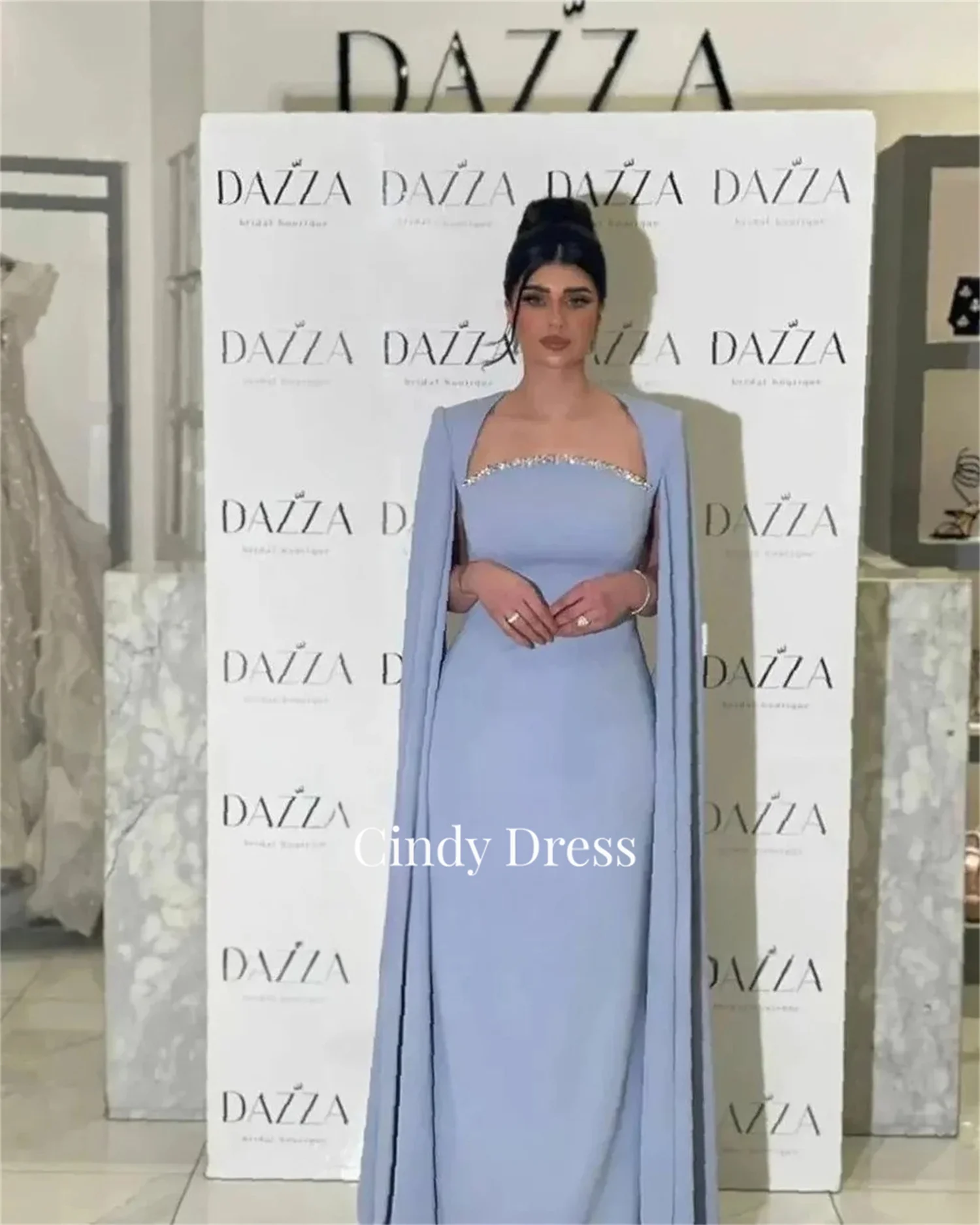 Cindy Shawl Diamond Jewelry Light Blue Saudi Arabia Wedding Party Dress Women Elegant Luxury Evening Dresses 2024 Customized