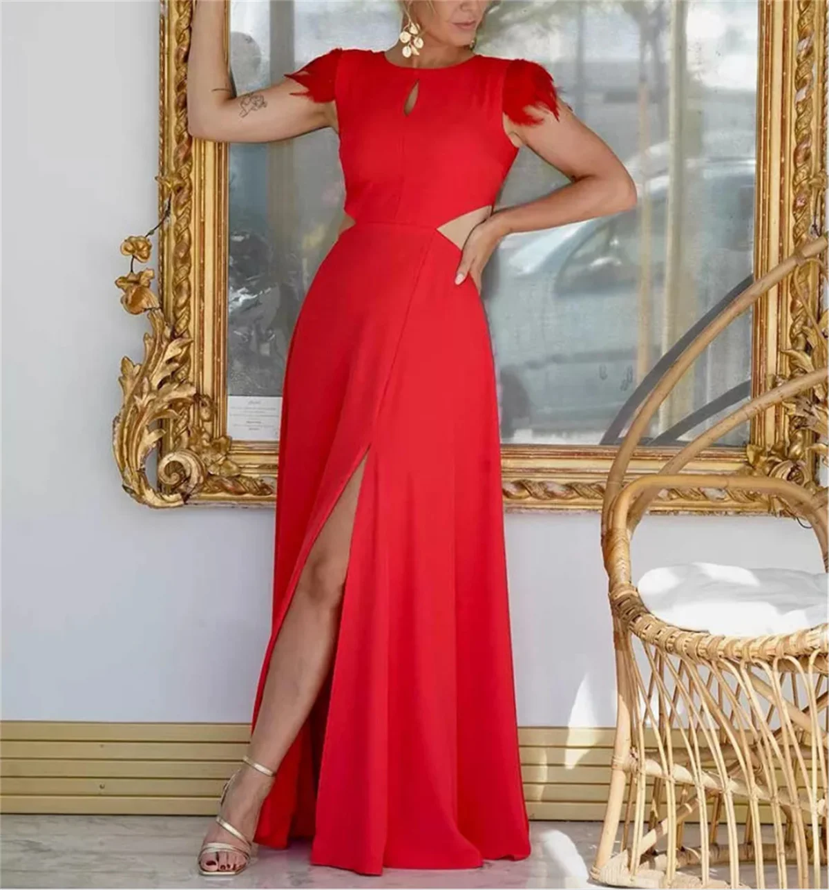 Elegante vestido sem cintura para senhoras, gola redonda, vestido de noite recorte, comprimento do tornozelo, vestido de festa personalizado, ocasião formal, vermelho, moda, presente, 2024