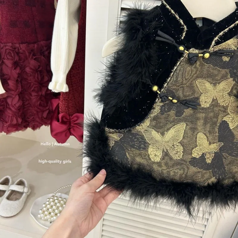 01-الفتيات الخريف الشتاء النمط الصيني السنة الجديدة الزي الأسود والذهبي فراشة سترة مع الصوف والسراويل الطويلة بلون اثنين P