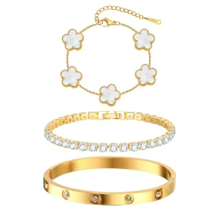 

Womens Stackable Floral Bracelets - 3Pcs 18K Plated Bracelet, Stainless Steel Bangle Bracelets Non Tarnish, Bracelet Set Trendy