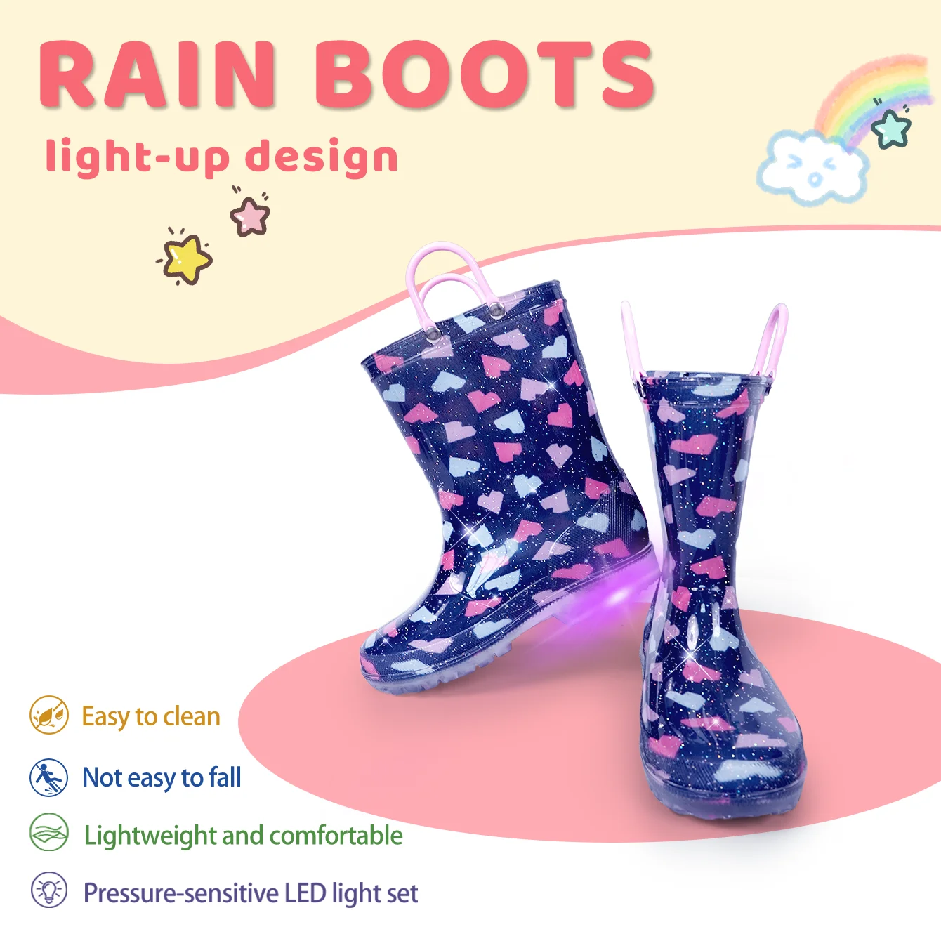 أحذية المطر ذات المصباح الأرجواني الفراولة للأطفال، أحذية المطر المقاومة للماء ومضادة للانزلاق، أحذية المطر الناعمة والمريحة