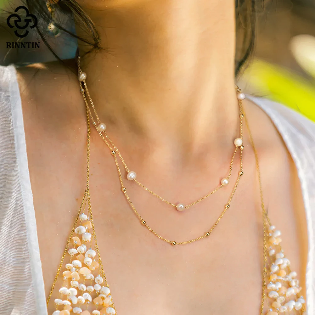 Rinntin Fashion Fine Jewelry Set 2 Layer Natural Freshwater Pearl Charms Chain Choker Necklaces 925 Sterling Silver Gift GPN62