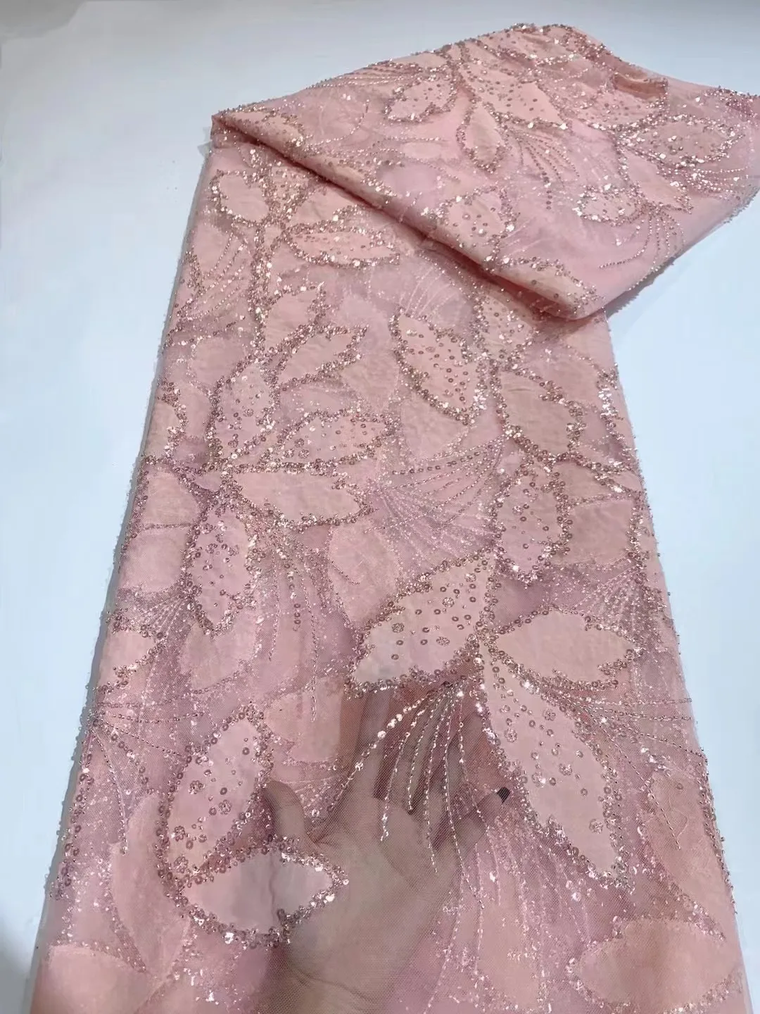 

Handmade Pink Pearl And Crystal Sequence Fabric Lace Fabric 2023 High Quality Handmade Bead Lace Fabric For Wedding Dress