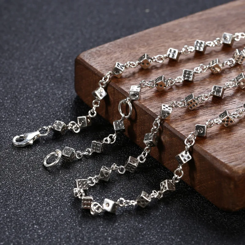 sterling silver vintage Thai silver creative trendy jewelry male and female personality dice stitching necklace sweater chain