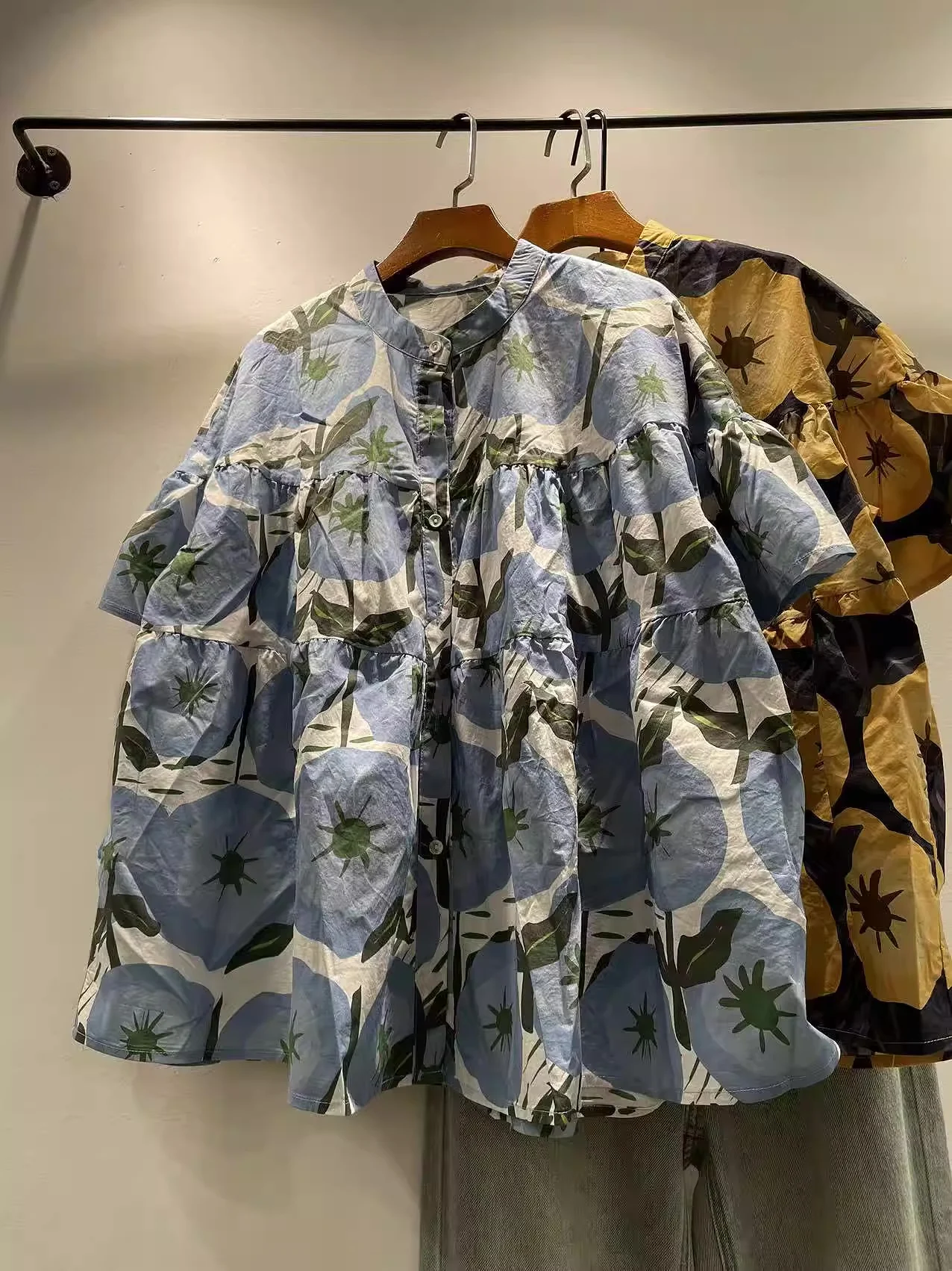 

Bust 134cm pure cotton women shirt harajuku fashion stand collar short sleeve blue yellow print shirts holiday blouses