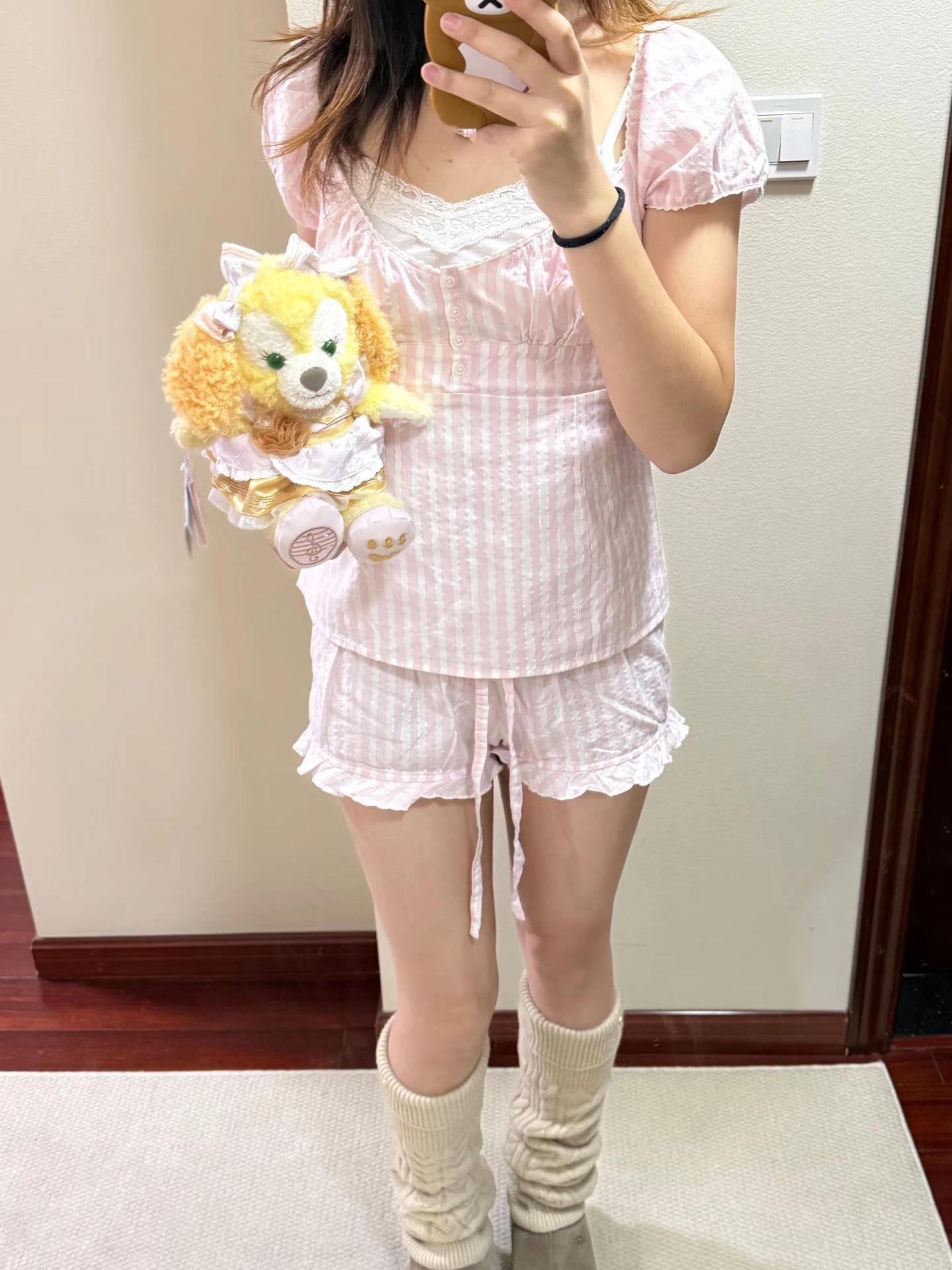 Pink Striped T-Shirt Shorts Set Women Buttons Lace-up Puff Sleeve Top+Ruffles Drawstring Short Pants Cotton Pajama 2 Piece Sets