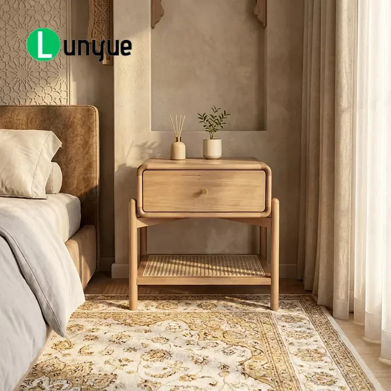 Solid Teak Bedside Table with Rattan Shelf Luxury Bedroom Nightstand Drawer Storage Crack Proof Furniture for UAE Saudi Villa