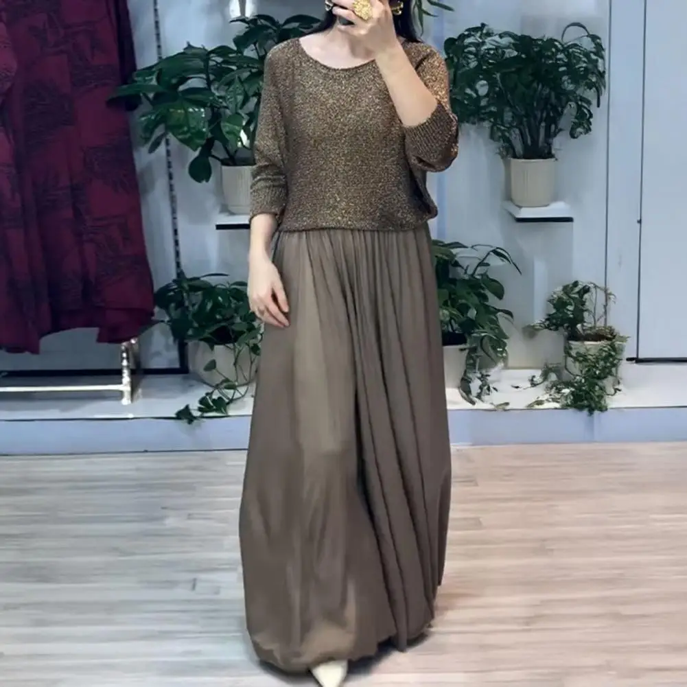 

Two Piece Skirt Sets Round Neck Casual Full Sleeve Top Pleated Spliced Skirts Suits Tops Solid High Waist A Line Spring 2025