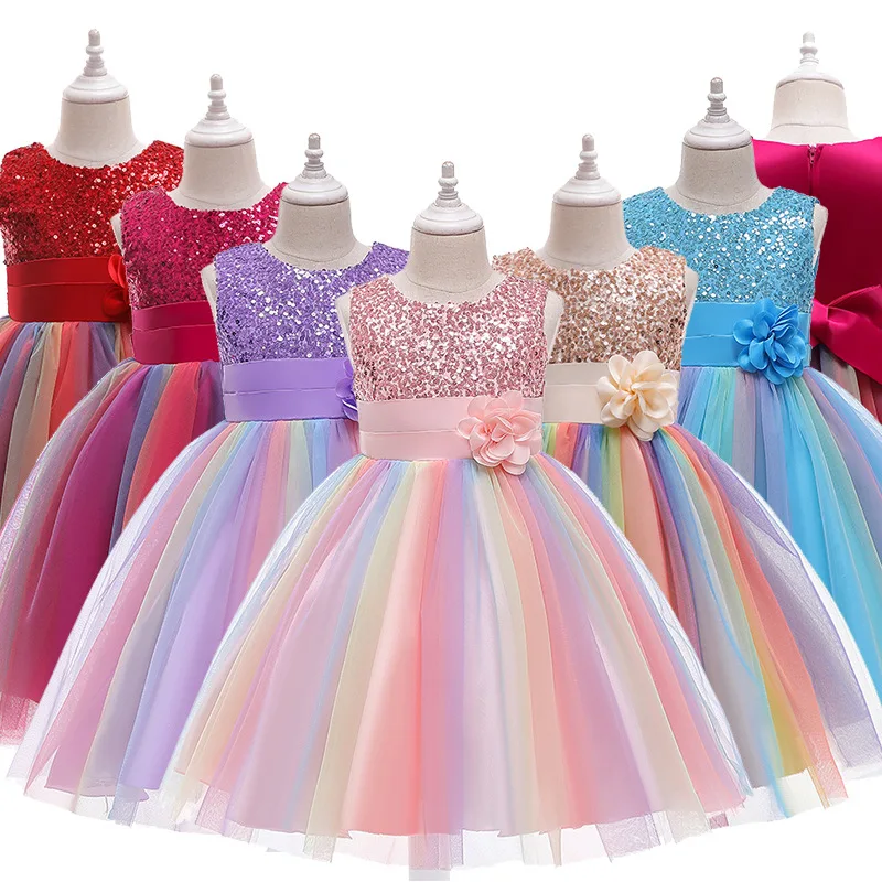 3-12T Sequins Girls  Perform Prom Dress Rainbow Little Princess Piano Banquet Formal Gala Clothes Wedding Sequins Evening Dress