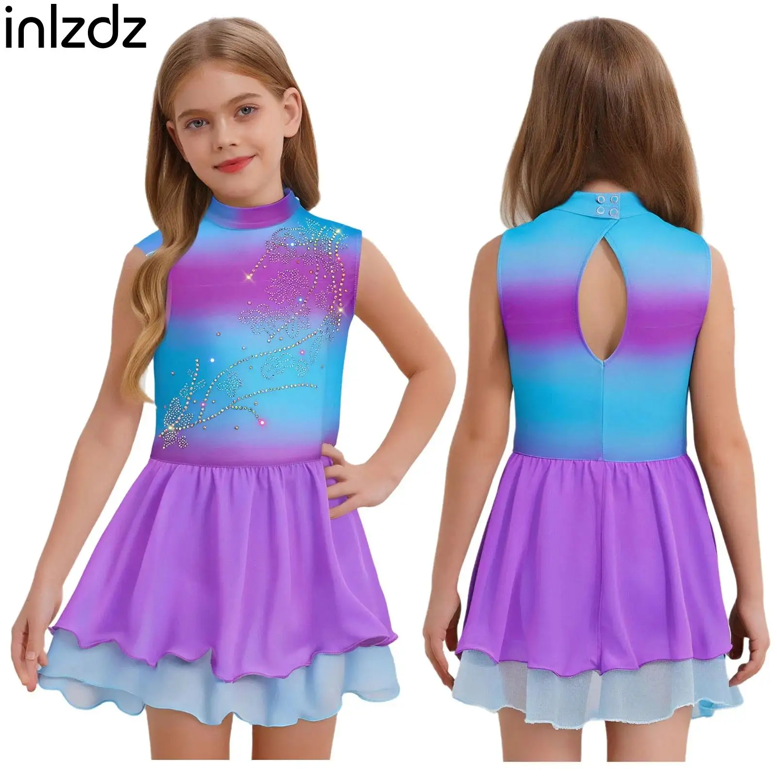 

Kids Girls Rhinestones Ballet Dance Leoatard Figure Ice Skating Dress Sleeveless Gradient Tutu Dress Gymnastics Leotard Costume