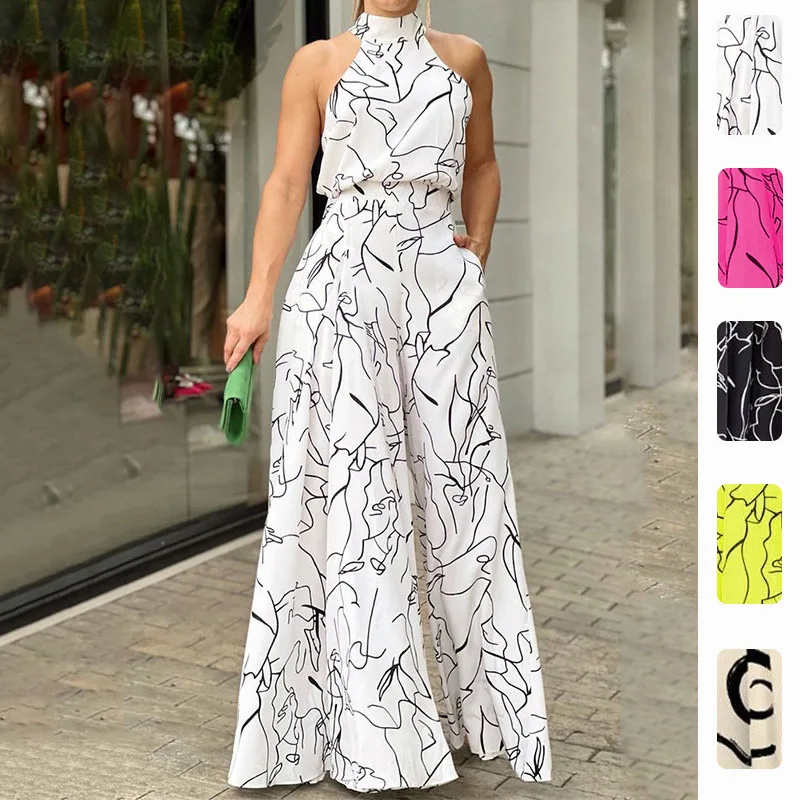 FL Summer New Women Printed Jumpsuit Fashion Versatile Slim Wide Leg Pants Soft Light Breathable Chic Daily Casual Beach 2026