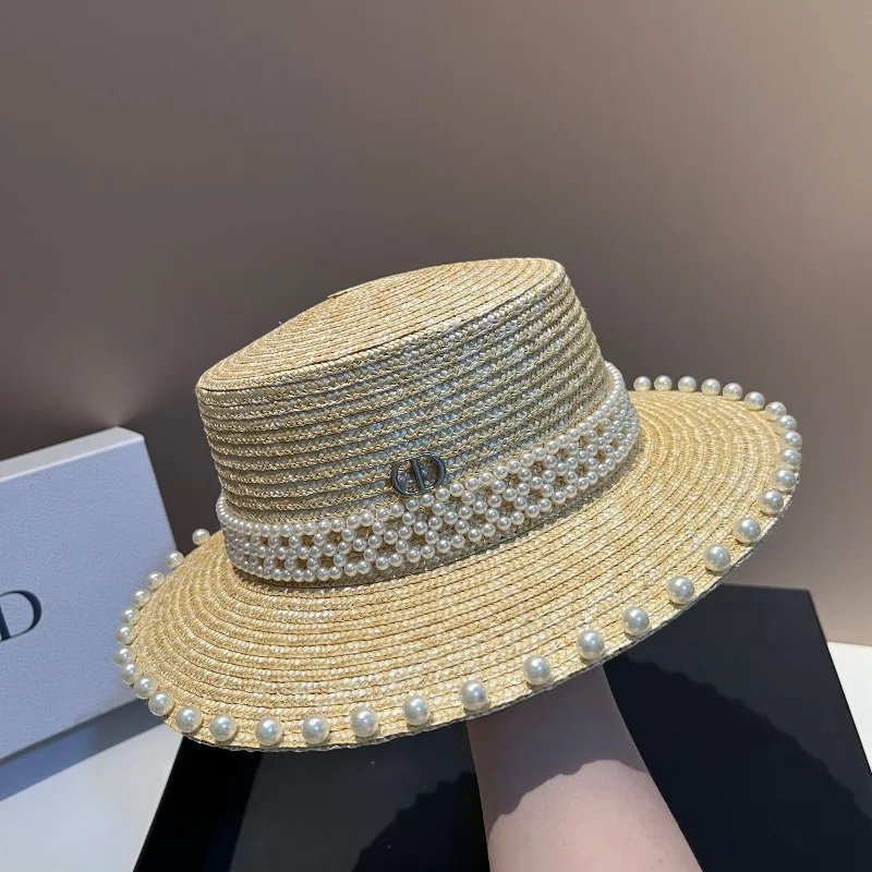 

Wheat Straw Hat Women Handwoven Pearl Embellished UPF50+ Sun Protection Flat Top Elegant Lady Beach Outdoor Hat Free Shipping​​